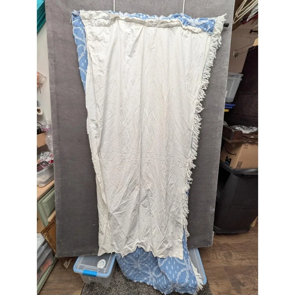 Vtg Bath Curtains Double Wedding Ring Chenille Drapes Blue White Pair Rod Pocket